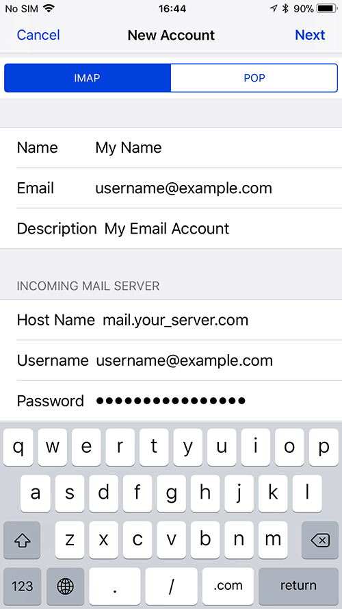 New Account Incoming and Outgoing Mail Server screen with IMAP and POP tabs